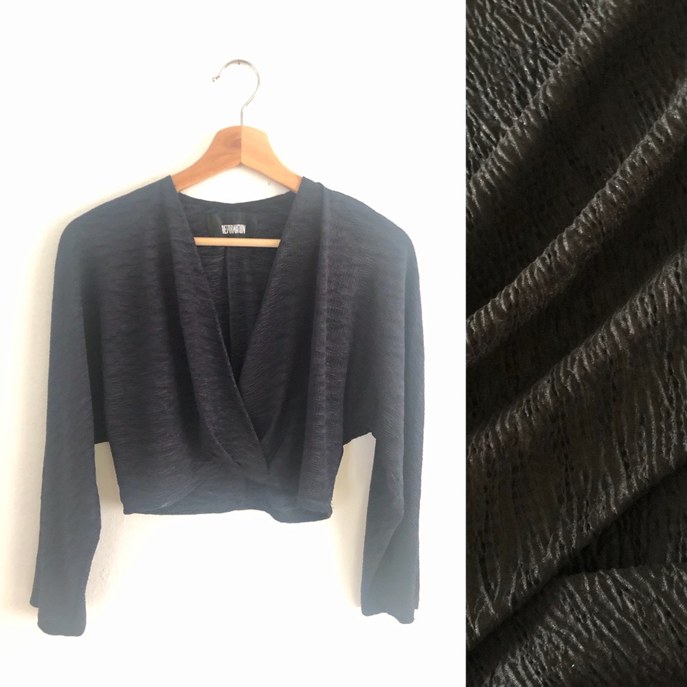 Reformation Midnight Textured Dance wrap crop Top